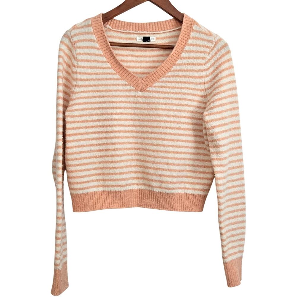 Preppy Light Academia Peach & White Striped V‑Neck Sweater Soft Knit Medium
